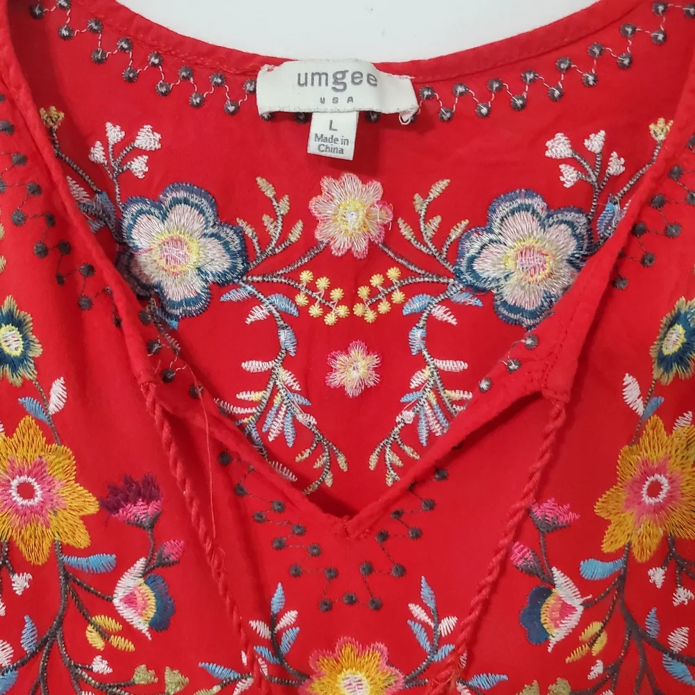 Umgee Boho Red Embroidered Tunic Top Large - Picture 3 of 9